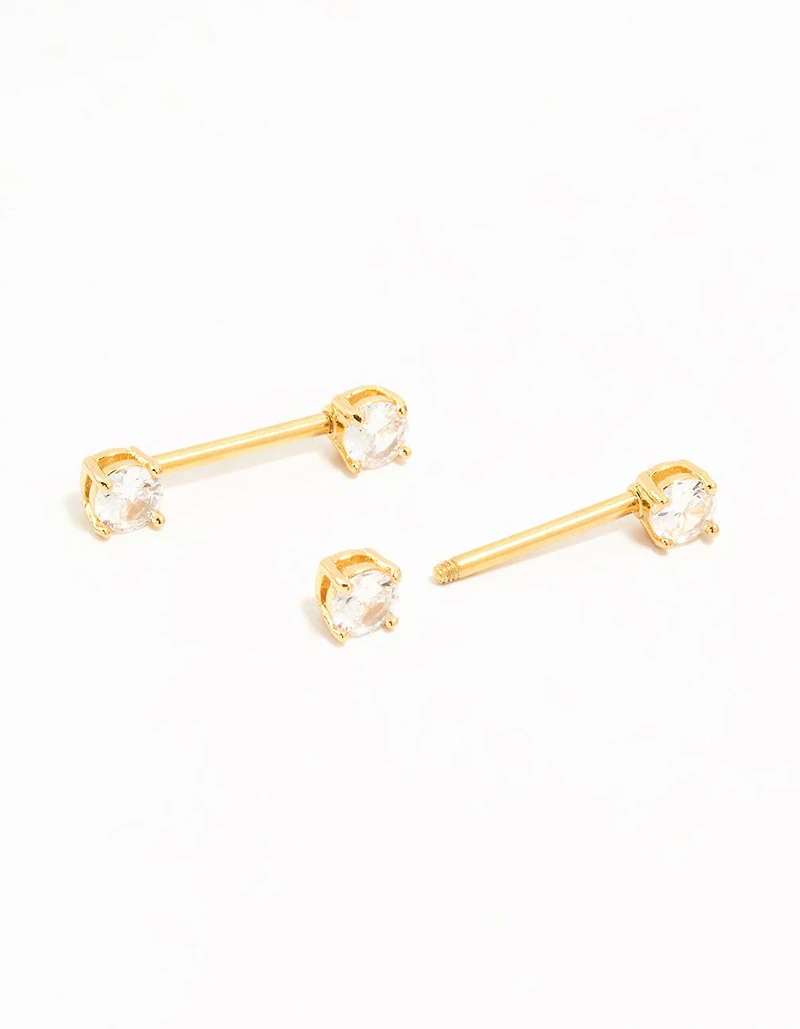 Gold Plated Titanium Round Cubic Zirconia Nipple Bars 2-Pack
