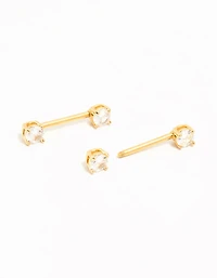 Gold Plated Titanium Round Cubic Zirconia Nipple Bars 2-Pack