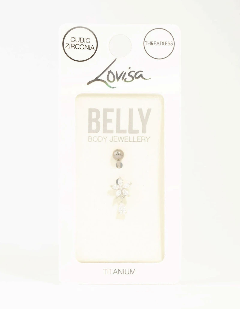 Titanium Cubic Zirconia Flower Threadless  Belly Bar