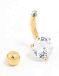 Gold Plated Titanium Round Cubic Zirconia Mini Belly Bar