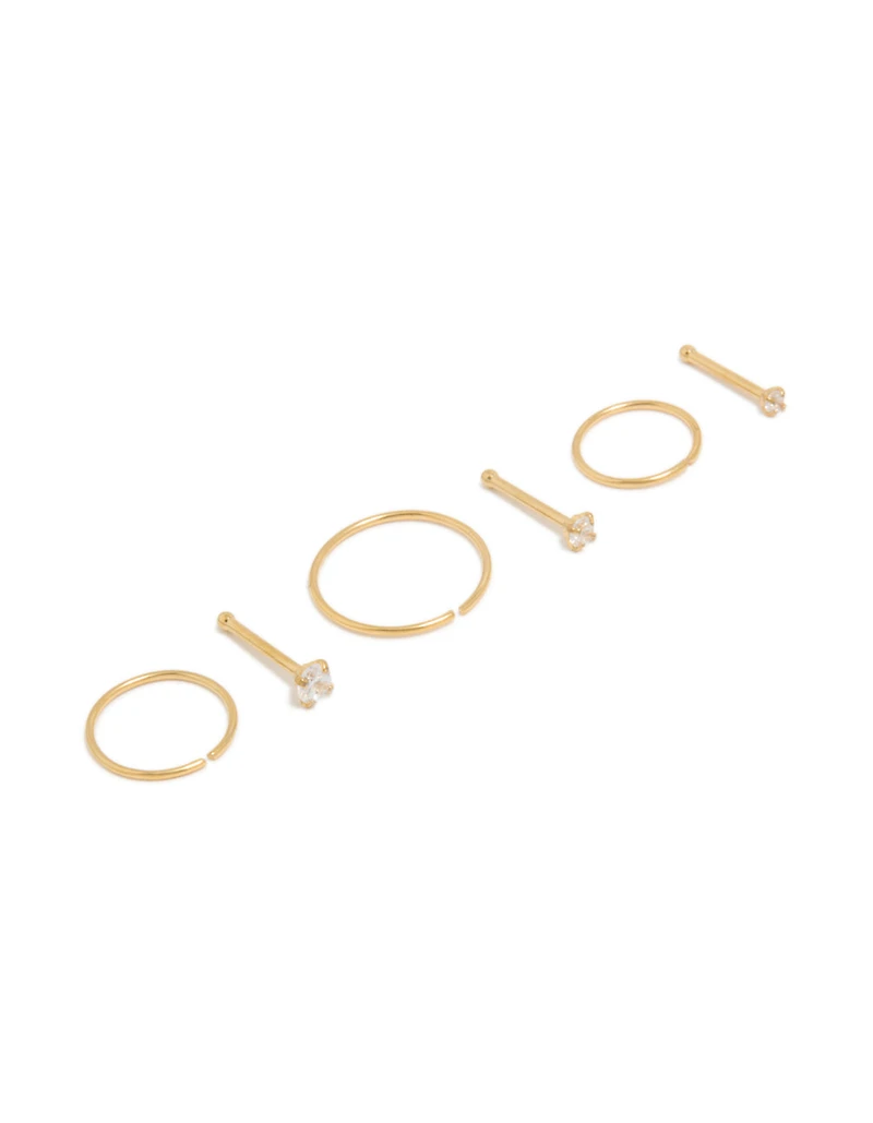 Clous et anneaux de nez en zircone cubique en titane plaqué or Pack de 6
