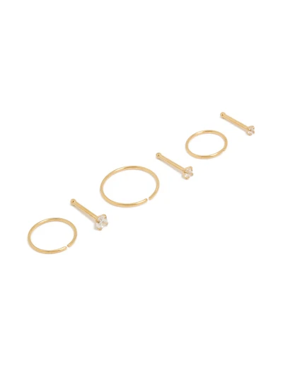 Clous et anneaux de nez en zircone cubique en titane plaqué or Pack de 6