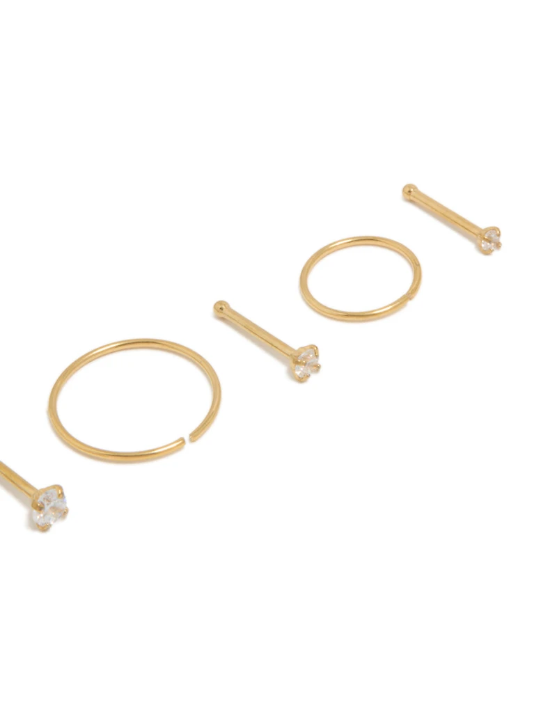 Gold Plated Titanium Cubic Zirconia Nose Studs & Rings 6-Pack