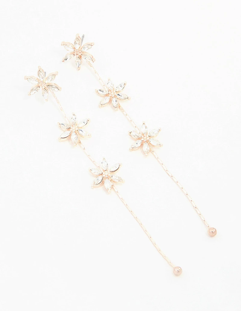 Rose Gold Diamante Flower Trail Drop Earrings