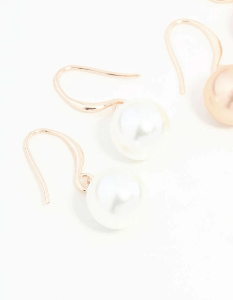 Rose Gold Dainty Pearl Drop Earrings 2-Pack