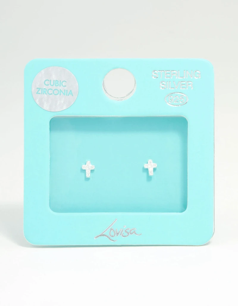Sterling Silver Mini Cubic Zirconia Cross Stud Earrings