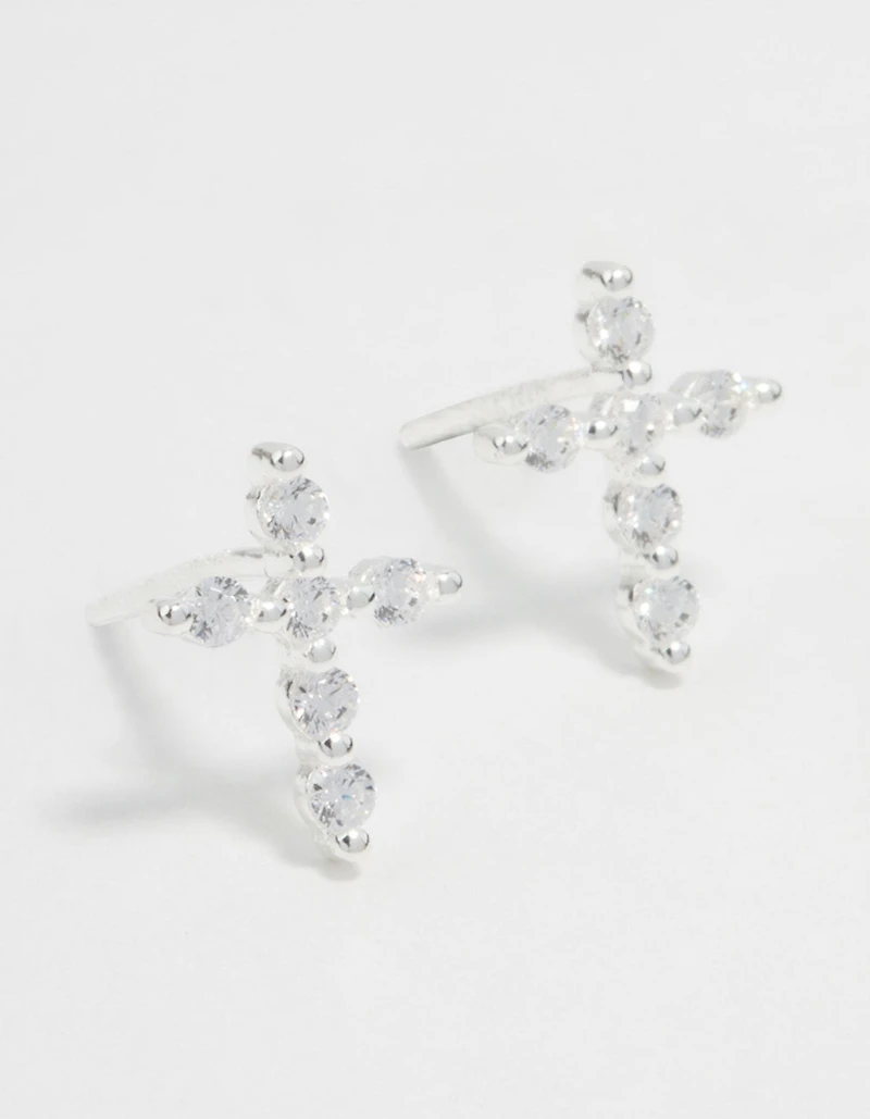 Sterling Silver Marquise Cubic Zirconia Cross Stud Earrings