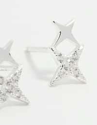Sterling Silver Cubic Zirconia Double Star Stud Earrings