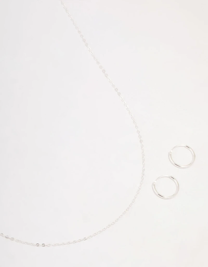 Sterling Silver Chain Necklace & Hoop Earrings Set