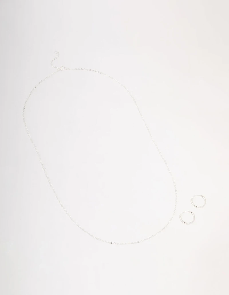 Sterling Silver Chain Necklace & Hoop Earrings Set