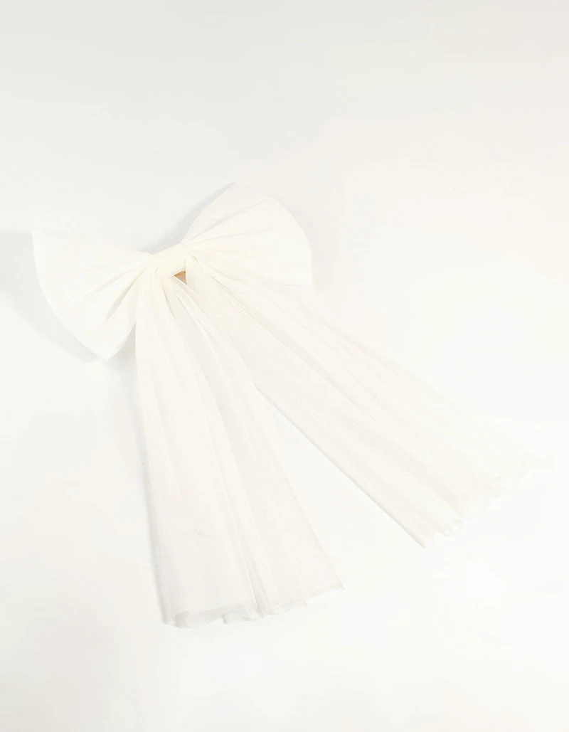 White Tulle Fabric Bow Clip