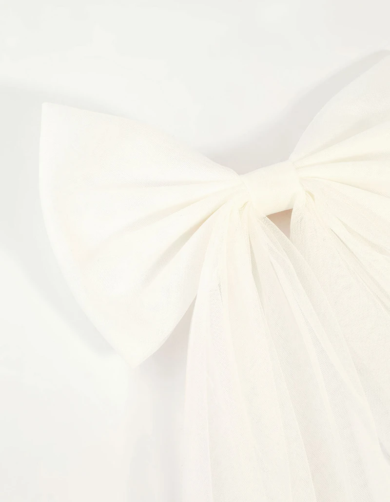 White Tulle Fabric Bow Clip