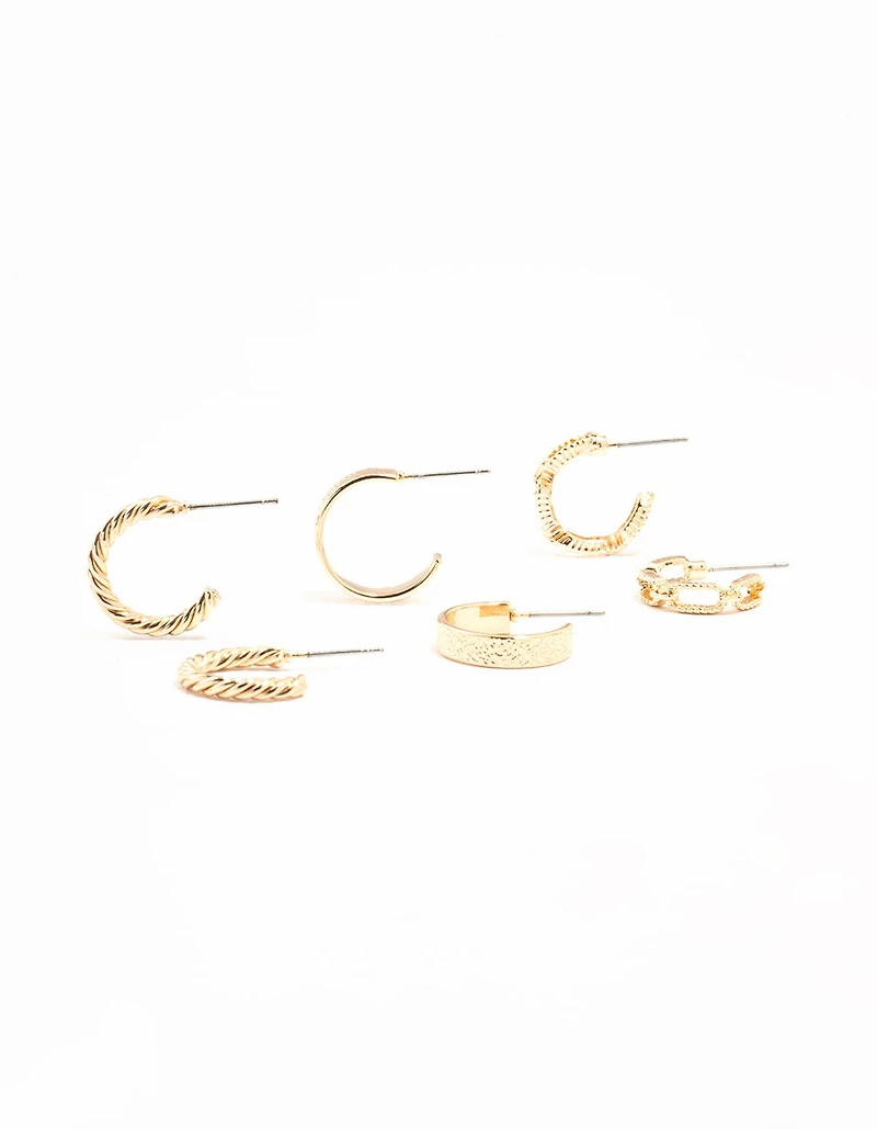 Gold Sand Blast & Link Hoop Earrings 3-Pack