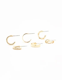Gold Sand Blast & Link Hoop Earrings 3-Pack