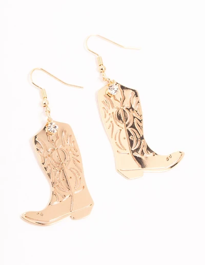 Gold Cowboy Boot Drop Earrings