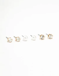 Gold Diamante & Pearl Stud Earrings 3-Pack
