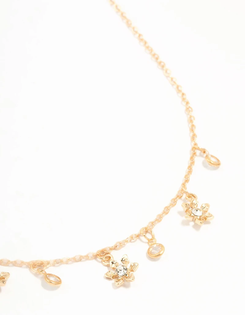 Gold Flower Diamante Droplet Necklace