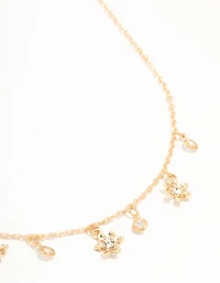 Gold Flower Diamante Droplet Necklace