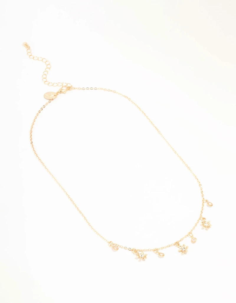 Gold Flower Diamante Droplet Necklace
