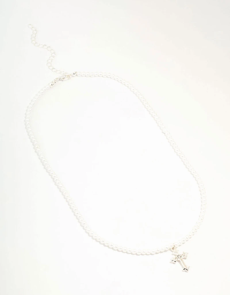 Silver Pearl Cross Pendant Necklace