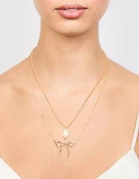 Gold Pearl & Bow Layered Necklace