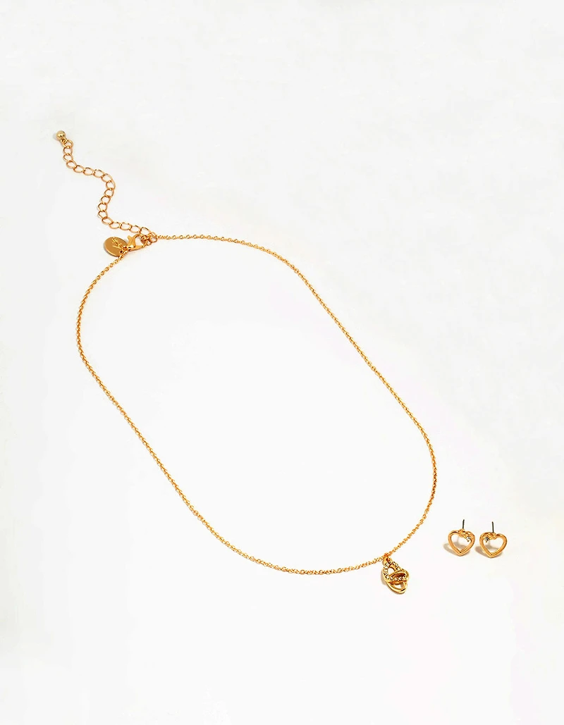 Gold Link Heart Diamante Necklace & Earrings Set