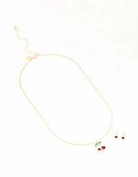 Gold Cherry Necklace & Red Diamante Earrings Set