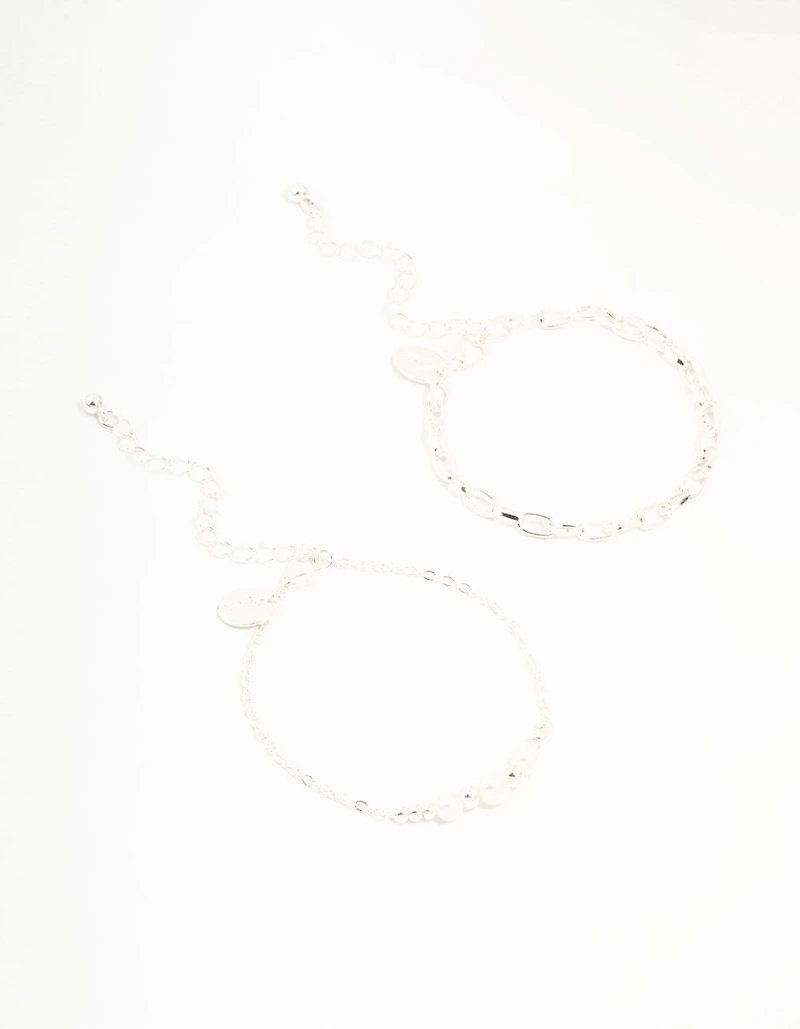 Silver Chain Link & Pearl Bracelets 2-Pack