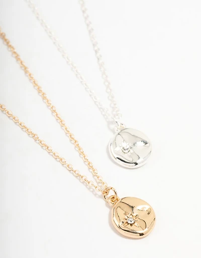 Mixed Metals Organic Round Diamante Star Necklaces 2-Pack