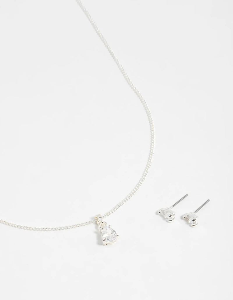 Silver Pear Diamante Necklace & Stud Earrings Set