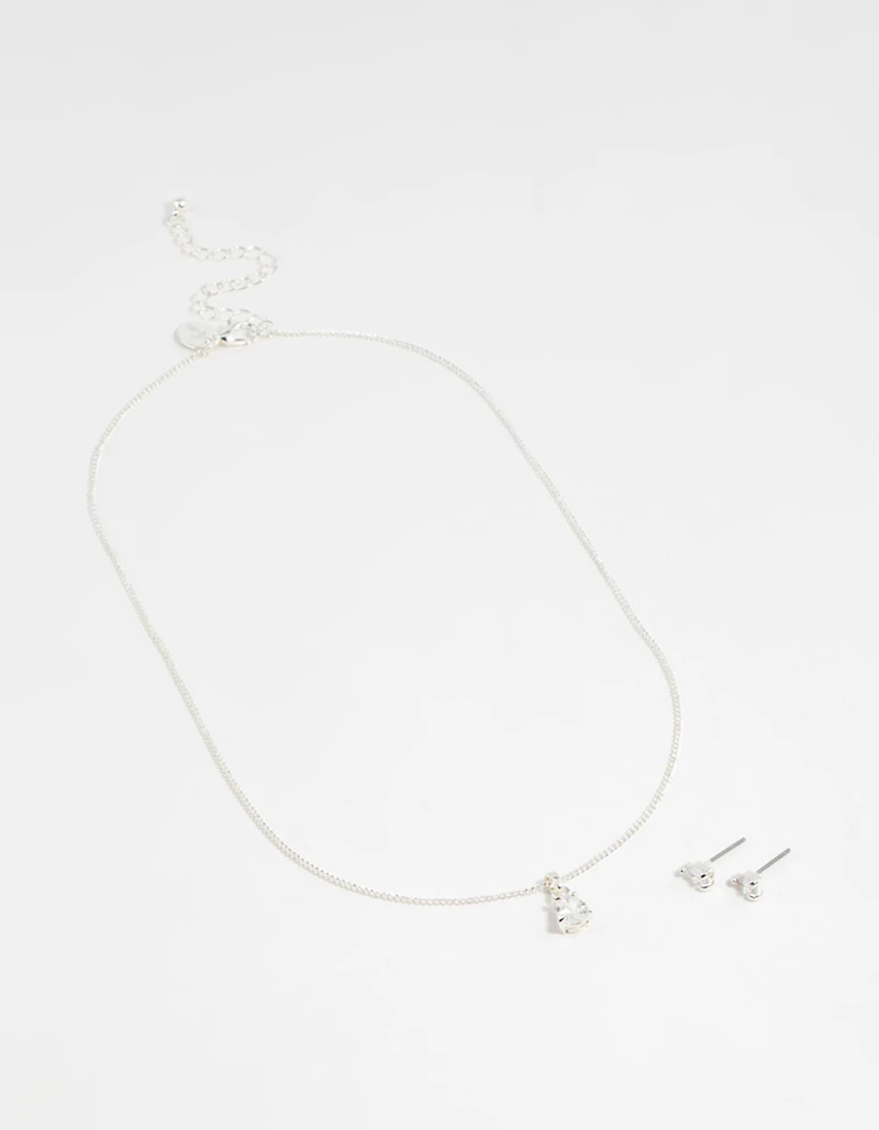 Silver Pear Diamante Necklace & Stud Earrings Set