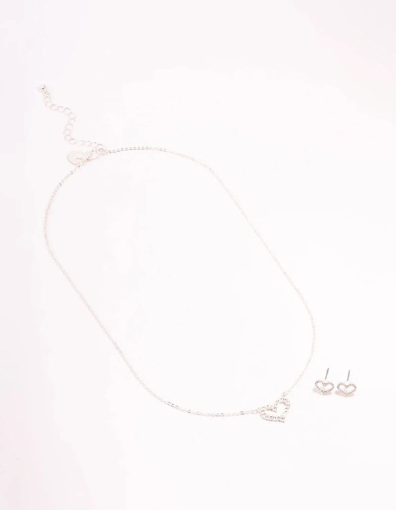 Open Diamante Heart Silver Necklace & Stud Earrings Set