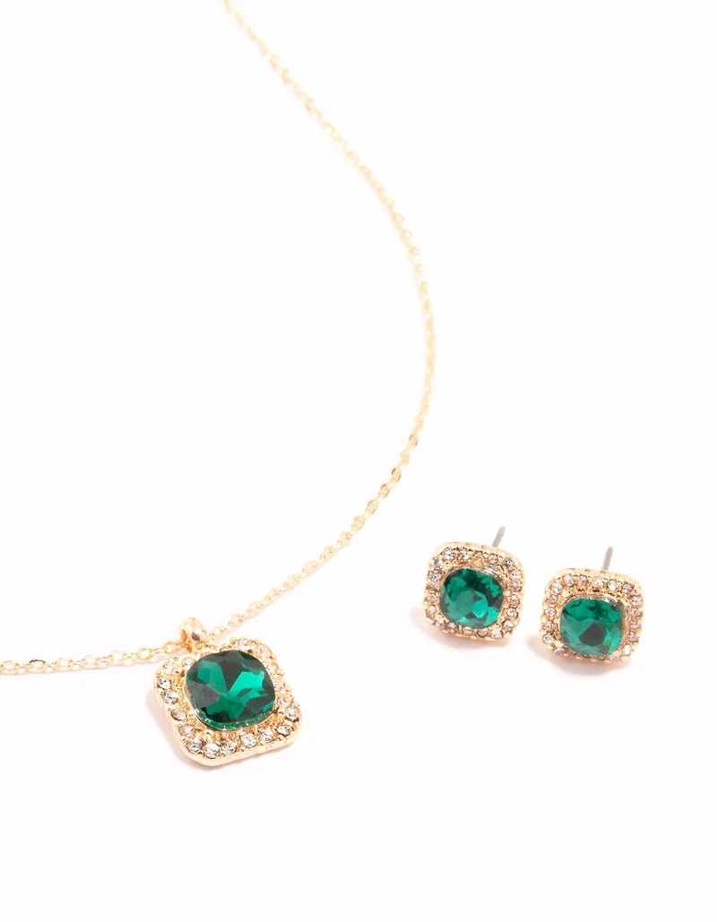 Green Diamante Square Halo Gold Necklace & Stud Earrings Set