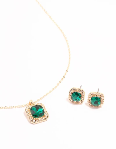 Green Diamante Square Halo Gold Necklace & Stud Earrings Set