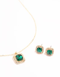 Green Diamante Square Halo Gold Necklace & Stud Earrings Set