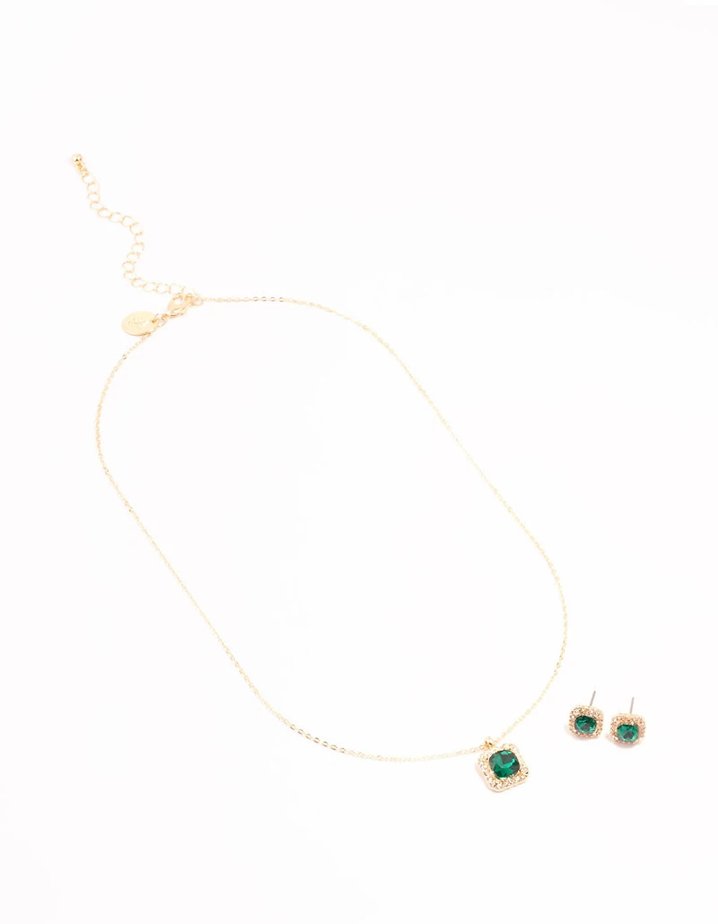 Green Diamante Square Halo Gold Necklace & Stud Earrings Set