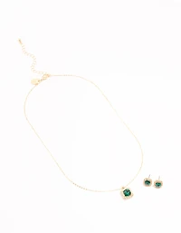 Green Diamante Square Halo Gold Necklace & Stud Earrings Set