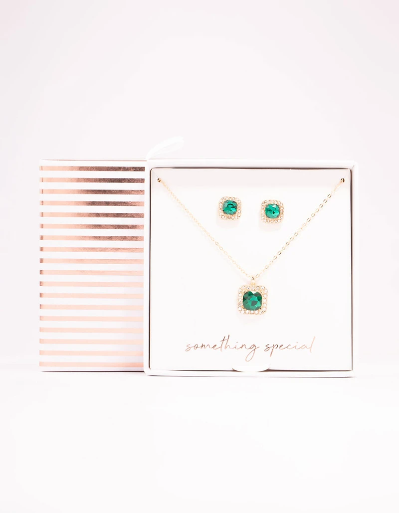 Green Diamante Square Halo Gold Necklace & Stud Earrings Set