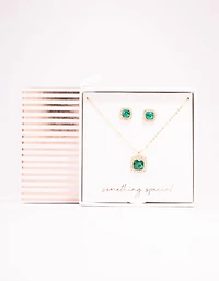 Green Diamante Square Halo Gold Necklace & Stud Earrings Set