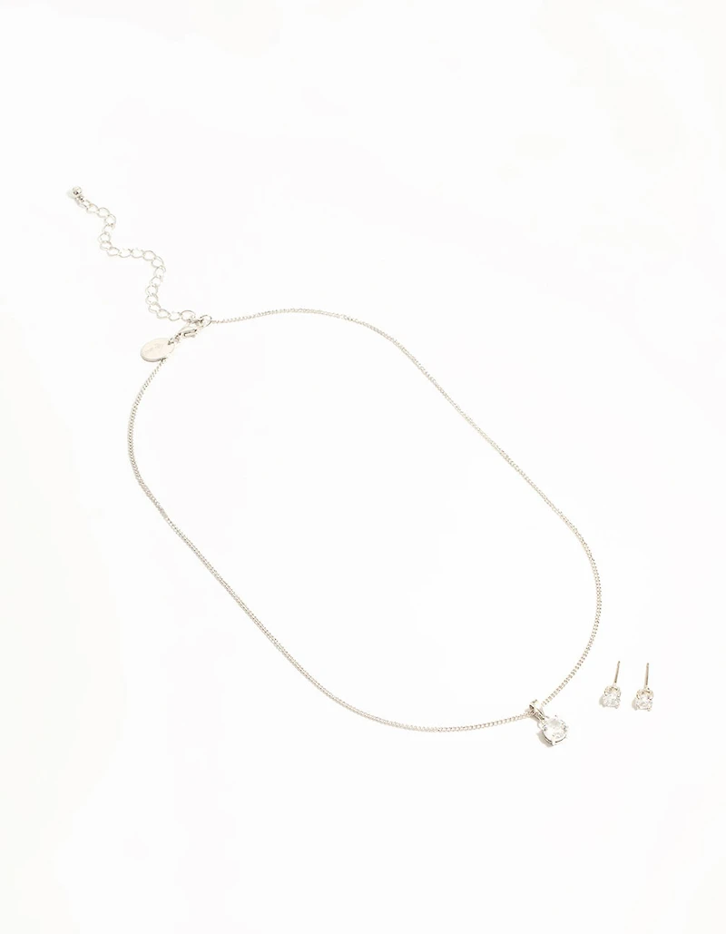 Silver Cubic Zirconia Solitaire Necklace & Stud Earrings Set