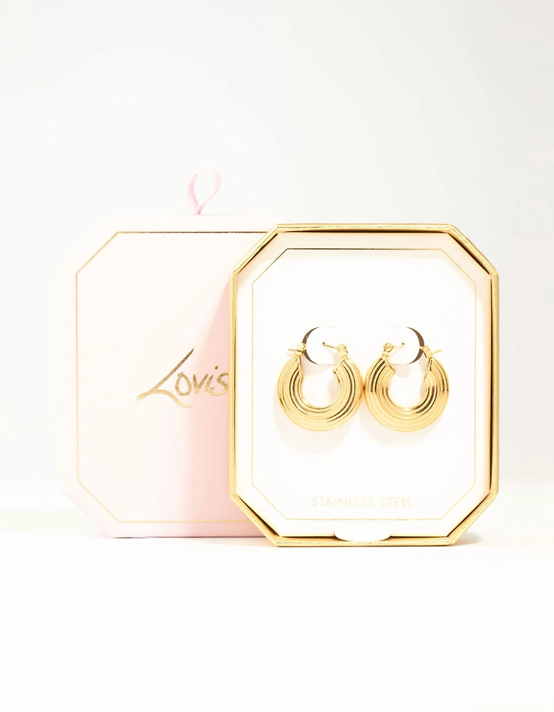 Waterproof Gold Plated Stainless Steel Wide Line Textured Hoop Earrings