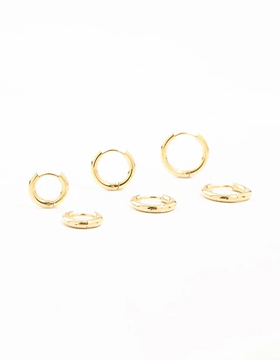 Waterproof Gold Plated Stainless Steel Basic Graduating Hoop Earrings 3-Pack
