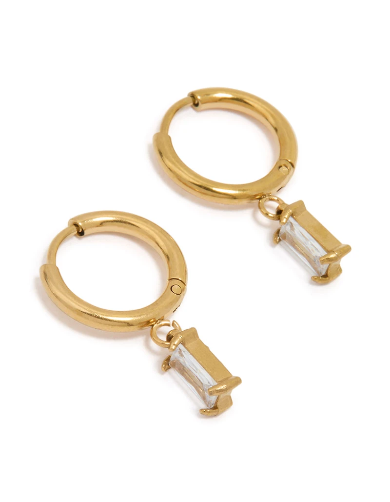 Waterproof Gold Plated Stainless Steel Baguette Diamante Huggie Earrings