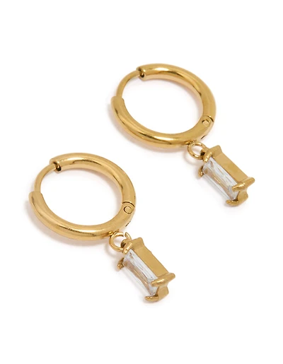 Waterproof Gold Plated Stainless Steel Baguette Diamante Huggie Earrings
