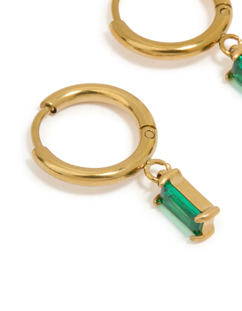 Waterproof Gold Plated Stainless Steel Green Baguette Huggie Earrings