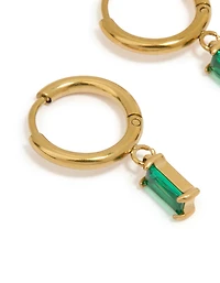 Waterproof Gold Plated Stainless Steel Green Baguette Huggie Earrings