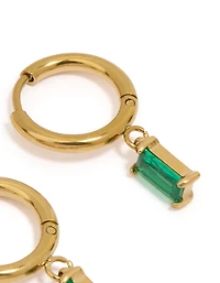 Waterproof Gold Plated Stainless Steel Green Baguette Huggie Earrings