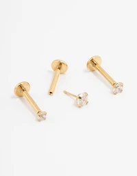 Gold Plated Surgical Steel Classic Cubic Zirconia Threadless Flat Back Studs 3-Pack