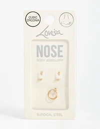 Gold Plated Surgical Steel Mini Cubic Zirconia Flower Nose Stud & Ring 3-Pack