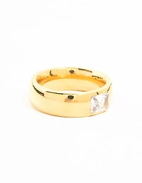 Waterproof Gold Plated Stainless Steel Wide Band Cubic Zirconia Ring
